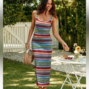 SHEIN VCAY Summer Beach Geo Printed Slit Slim Fit Slip Long Dress